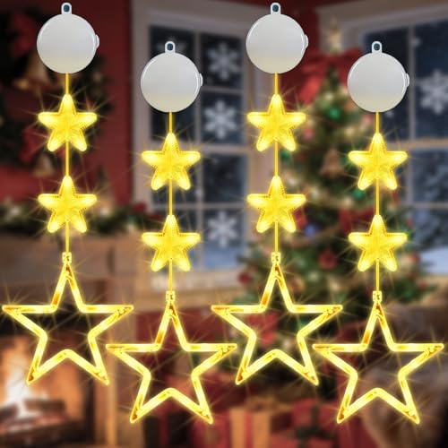 Pipihome LED Stern Weihnachtsbeleuchtung, 4 Stück Weihnachtsdeko Fenster Lichterkette mit Timer & Saugnäpfe, Batteriebetriebene, Weihnachten Deko Outdoor Innen für Haus Balkon Party Hochzeit