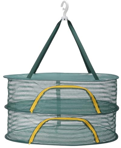 sourcing map 60cm Herb Drying Rack Hanging 2 Layer Hanging Mesh Net Collapsible Food Drying Fish Net with Zipper for Fish Buds Fruit Dehydrated Goods Vegetables Clothes, Green