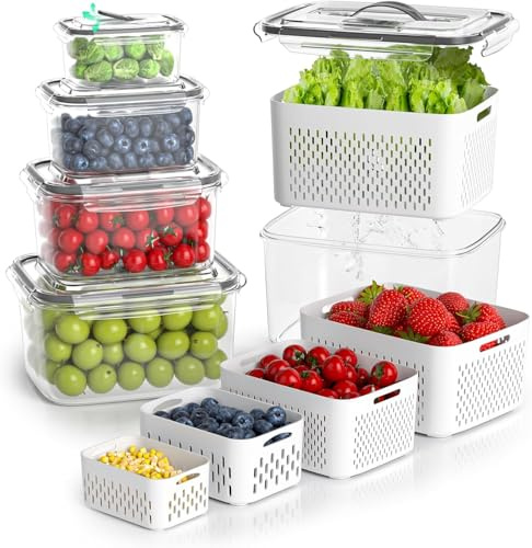 5 PCS Fresh Food Storage Containers with Lids Airtight Vent Handle, Fridge Containers Organizers For Microwave Dishwasher Safe, Keep Fruits Veggie Food berries Fresh Leakproof Kitchen Organisers