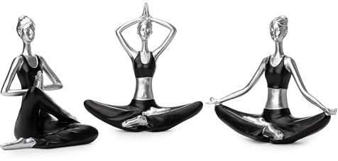 Marimor Yoga Skulpturen 3 Stück, Skulptur Deko modern Dekoration Staue, Kunst Mädchen Frauen Stauen und Büste für Büro Wohnzimmer Schlafzimmer Schreibtisch Geschenk (Silber und Schwarz)