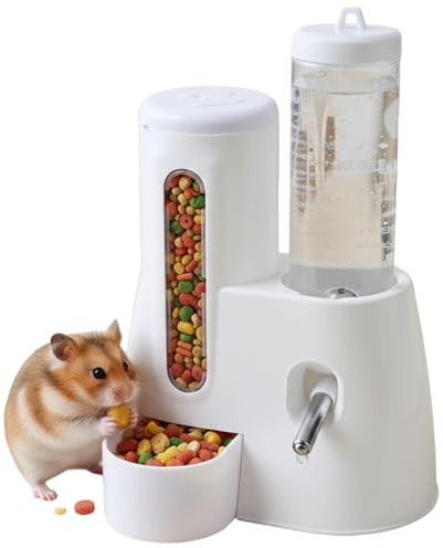 Mangeoire et Abreuvoir Automatique pour Hamster, 2 en 1, Bouteille d'eau Blanche 125 ML, Convient aux Chinchillas, Cochons d'Inde, Rats, Nains, Gerbilles et Autres Petits Animaux 13.4x18.8x16.6 cm