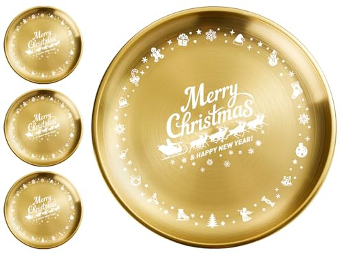 XIAOYU 4 Stück Weihnachtsteller aus Edelstahl, runde Essteller aus Metall, einzigartiges Weihnachtsmuster-Design, 20,3 cm großes Essgeschirr in Lebensmittelqualität für Abendessen, Partys, Camping