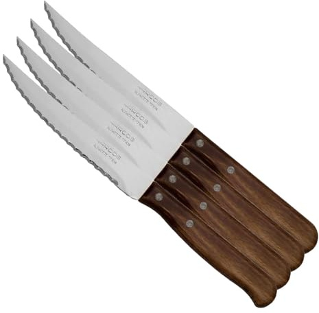Arcos Cuchillo Chuletero de 4 Pulgadas con Hoja de 105mm en Acero Inoxidable y Mango de Madera. Cuchillo para Carne Apto para Lavavajillas. Serie Latina. Color Marrón (Paquete de 4)