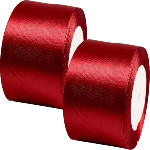 IBOPUXIU Lot de 2 Rubans Rouges de 50 mm x 22 m – Ruban Satin Large pour Cadeaux, Loisirs Créatifs, Emballages Cadeaux, Anniversaires, Mariages et Décorations