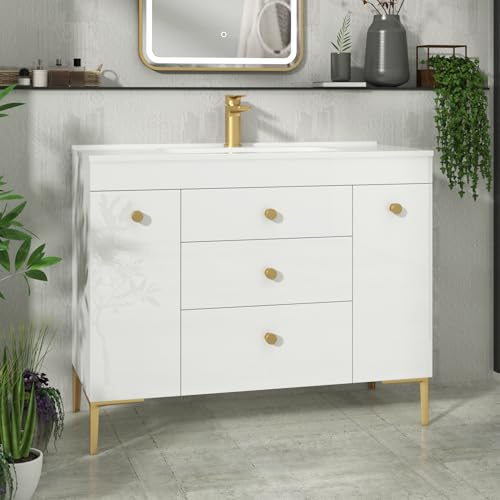 Royal Bathrooms Verona 1000mm Floor Standing Vanity Unit Ceramic Basin 3 Drawer & Dual Side Pull Out Cabinet Furniture Gloss White with Brushed Brass Knob