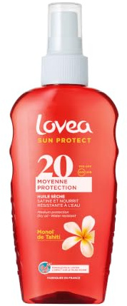 LOVEA - Huile Sèche FPS 20 Moyenne Protection UVA/UVB Monoï de Tahiti - Visage & Corps - Satine et Nourrit - Résiste à l'Eau - Testé sous Contrôle Dermatologique - Vegan - Fabriqué en France - 150ml