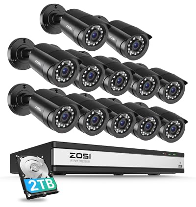 ZOSI 1080P 16CH Security Camera System with Human Vehicle Detection, H.265+ 5MP DVR Recorder with 2TB Hard Drive,12x 1920TVL 2MP CCTV Bullet Camera Outdoor Indoor Surveillance Set, 80ft Night Vision