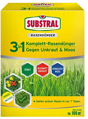 Substral 3 in 1 Komplett Rasendünger mit Unkrautvernichter und Moosvernichter, 3,6 kg für 100 m²