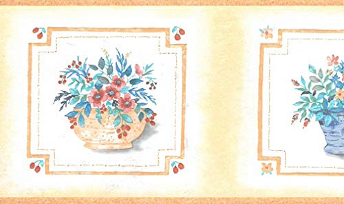 Dundee Deco BD6088 Tapeten Bordüre, vorgeklebt, Blumenmuster, Braun, Blau, Pink, Orange, Blumen in Töpfen, Wandbordüre, Tapetenbordüre Retro-Design, 4,57 m x 12,7 cm
