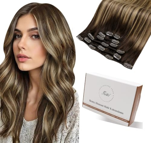 Hetto Clip in Extensions Echthaar Balayage Mittelbraun & Goldblond 35cm 120g 7pcs - Invisible Haarverlängerung Kurze Haar für Hochzeit/Party, Volle Abdeckung für Sofortiges Volumen #4/27/4