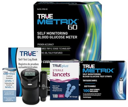 TRUE METRIX GO Meter Starter Kit - Blood Glucose Meter, Case, 100 Test Strips, 100 Lancets, Control Solution, Log Book - Fast, Easy Testing Supplies for Home Use and Travel