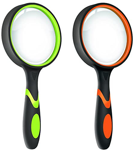 Leffis Lupe für Senioren und Kinder, 10-fache Vergrößerung, rutschfeste Handlupe zum Lesen, 75 mm Lupe für Enge Arbeit und Hobby-Beobachtung, Grün und Orange, 2 Stück