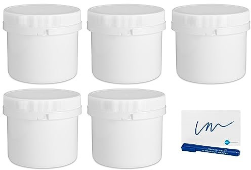 MARKESYSTEM - Tarro blanco 300 ml (5 Tarros) con disco y precinto de seguridad - Contenedor de plástico con tapa de rosca - Envase uso Alimentario, Cosmético e Industrial + Kit etiquetado