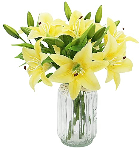 HAOSHICS 6Pcs Artificial Lily Flowers, Fake Lily Bouquet, Latex Real Touch Flowers for Home Office Wedding Party Vases Table Centerpieces Decor (Yellow)