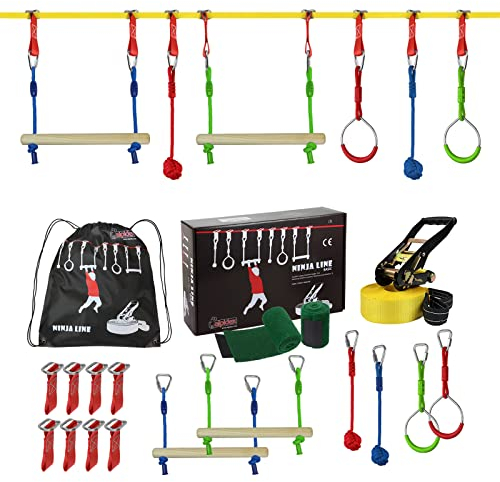 ALPIDEX Ninja Line Kinder Slackline Hindernisse Set Turnringe Seilknoten Schaukel Kletterleiter Zubehör Erweiterbar Warrior Parcours 7 Jahre Garantie auf Material*, Stil:Basic