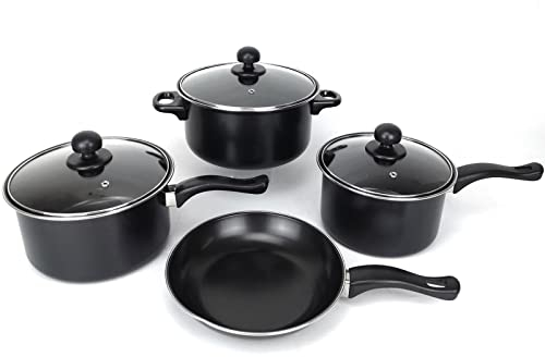 Gr8 Home Black 7 Piece Non Stick Kitchen Cookware Set Cooking Pot Frying Pan Saucepan with Glass Lids
