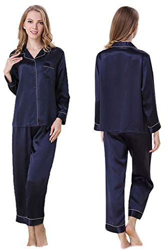 Seres Pigiama da donna in seta, camicia da notte e pantaloni, 9+ colori, 100% seta (principale), 真丝睡衣, Blu, S