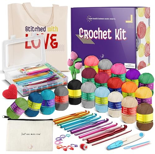 Hearth & Harbor Learn to Crochet Kit for Beginner Adults – Small Crochet Set with 9 Crochet Hooks Set and 55 Yards of Yarn for Crocheting Kit, Canvas Tote Bag and Lots More