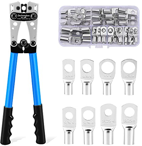 HX-50B Battery Cable Lug Crimping Tools Hand Electrician Pliers for Crimping Wire Cable from 6-50mm²(AWG 8-1/0) with Thickened and Reinforced The Metal Plate (HX50B Crmper +60PCSTerminals)