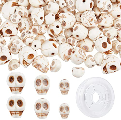SUNNYCLUE 1 Box 200 Stück 3 Größen Totenkopf Perlen Bulk Skelettkopf Perle Synthetische Türkis Edelsteine Halloween Perlen Für Die Schmuckherstellung Perlensortiment Beads Armband Kit Weiße Steine