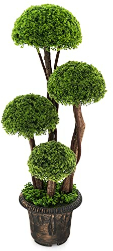 COSTWAY 1/2 Set Artificial Cypress Topiary Ball Tree, 3FT/90CM Artificial Cedar Plants with Cement Pot & Rattan Trunk, Indoor Outdoor Decorative Fake Greenery Potted Bonsai for Home Office (1)