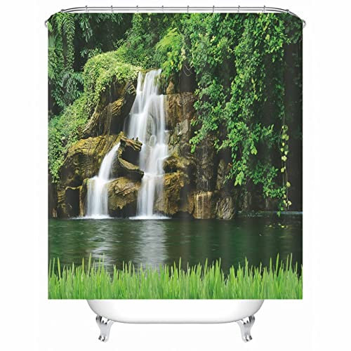 Whoiy Duschvorhang 180X180 Retro, Shower Curtains Anti Mold Polyester Duschvorhänge Gebirgswasserfall Baum Gras Grün für Outdoor Hotel