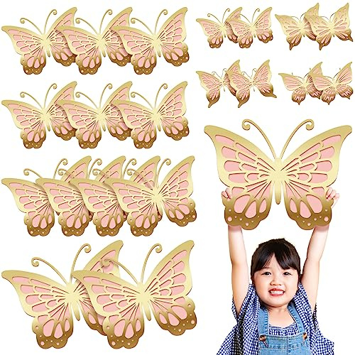 Kigeli 20 Pcs Giant Butterfly Party Decorations 4 Sizes Butterfly 3D Centerpieces Gold Wall Decor Paper Cutouts for Girl Baby Shower Wedding Party Room(Gold and Pink)