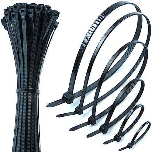 Black Cable Ties Multi Pack – 200 pcs Mixed Sizes Nylon Zip Ties/Tie Wraps, Self-Locking, Heavy Duty & Small, 100mm to 370mm – Just Cable Ties