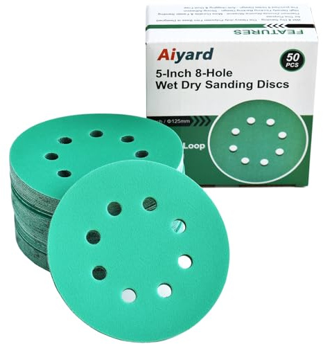 Aiyard 5-Inch 8-Hole Wet Dry Sanding Discs 220 Grit, Polyester Film Backed Heavy-Duty Hook and Loop Sandpaper for Random Orbital Sander, 50-Pack