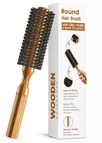 RUBAB MEN Premium Round Hair Comb for Men & Women| Natural Bristles + Soft Scalp Massage Balls + Sturdy Wooden Handle | Roller Hair Brush for Straightening, Volume, Curls, Blow Drying & Styling