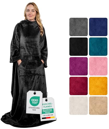 heimtexland ® Ärmeldecke TV Kuscheldecke mit Ärmeln Taschen Fußsack Super Soft Flanell tragbare Decke Ganzkörperdecke Typ870 Schwarz 200x170 cm