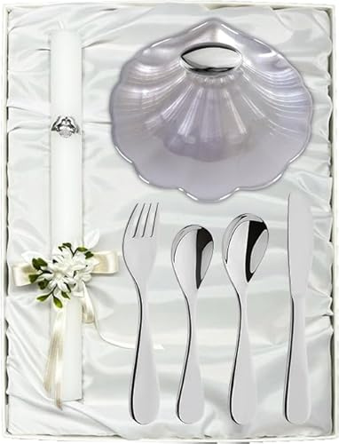 Estuche de Bautizo de Vela con Lazo, 4 Cubiertos Infantiles y Concha Bautismal de Cristal Nacar. Con apliques Laminados en Plata de Ley 925‰ y Personalizado. (09668-N)