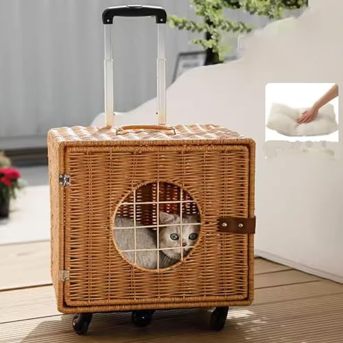 Tragbare Katzentransportbox Aus Rattan Große Katzen mit Teleskopstiel & Rollen, Fahrbarer Atmungsaktive Tierträger für Hunde und Katzen Bis 8-12kg (Color : B)