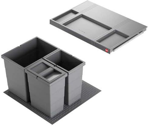 Hailo Abfallsammler 3301631 Einsatz | Allegro Abfalleimer 3fach flexiebel | Einbau Mülleimer passend in 60 cm Schrankauszug | Antirutschmatte Inneneimer und Deckel Höhe 345 in Kunststoff Dunkelgrau