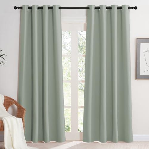 KGORGE Thermo Gardinen Blickdicht gegen Kälte Abdunkelnde Vorhänge Grün Kinderzimmer Verdunkelung Wärmeschutzvorhang Ösenschal 2er Set Salbeigrün, 2 Stücke 220 x 140 cm(HxB)