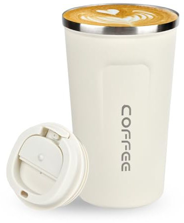 Lychico Coffee Travel Mug, 500ml Insulated Coffee Cup with Leakproof Lid, Reusable Stainless Steel Double Wall Vacuum Thermaol Mug/to Go Cups for Hot Cold Drinks, White