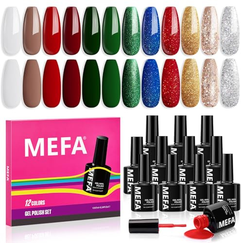 MEFA Vernis Semi Permanent, Vernis Gel UV Semi Permanent 12 Couleurs Blanc Rouge Vert Noir Paillettes Or, Kit Vernis à Ongles Gel Nail Art Soak Off Gel Polish French Manucure