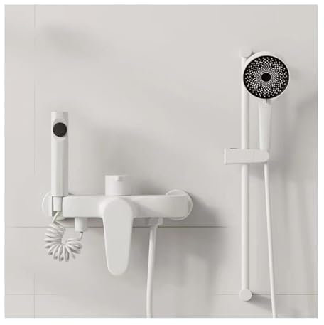 WRJAHCG Rubinetto Doccia da Muro con Soffione,Sistema Doccia per Vasca,Maniglia con Comando Temperatura Acqua,Doccetta Sollevabile con Asta Doccia,Miscelatore Doccia con Deviatore,Bianca