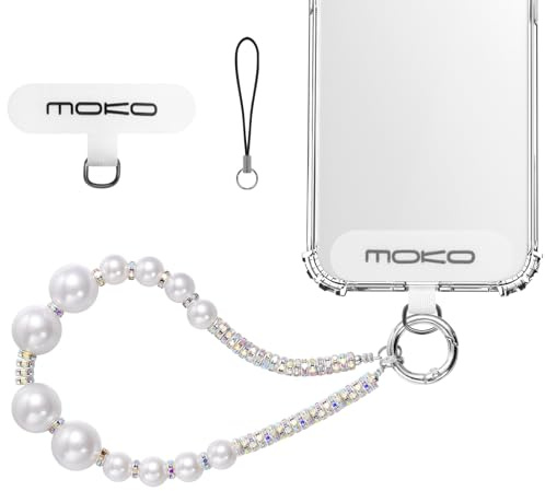 MoKo Handykette Universal, Handgelenk-Trageband Mit Lanyard-Patch, Perlen Schlüsselband, Handschlaufe Für Die Meisten Smartphones & Hüllen, Weiß