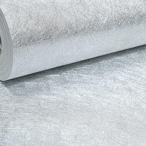 SOPHIE LAURENCE Plain Silver Sienna Texture Metallic Foil Vinyl Sample Wallpaper | Ultra Heavyweight, Peelable & Washable | Ideal for Any Room