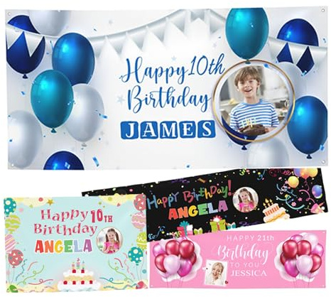 Pancartas de cumpleaños personalizadas con nombre, foto, texto, edad, pancartas y carteles personalizados para decoraciones de fiesta de cumpleaños, tapiz de bandera de feliz cumpleaños personalizado