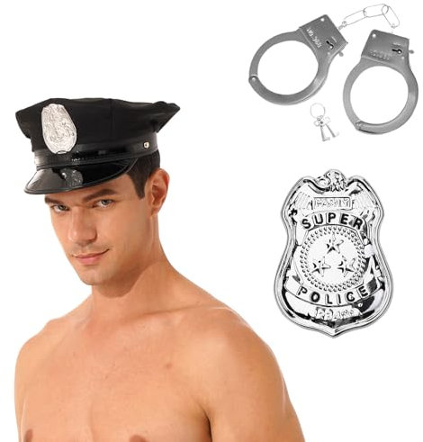 Freebily Halloween Polizei Cosplay Polizeimütze Handschellen Abzeichen Polizei Hut Karneval Party Mottoparty Polizei Kostüm Zubehör Requisiten Schwarz Typ B One Size
