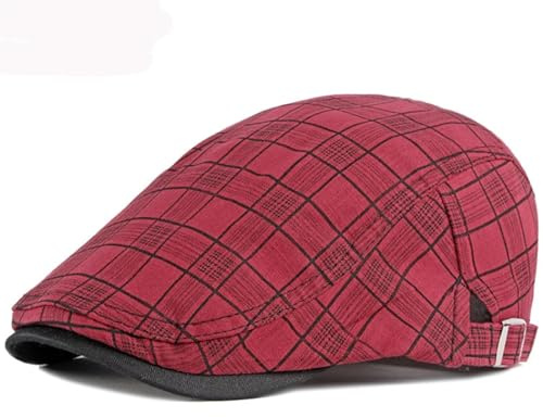 FULUJIDI Barett Baskenmützen Mützen Für Männer Beret Herren Hut Retro Plaid Flache Kappe Atmungsaktiv Sonnenhut Beret Verstellbar Beret Cap 55-60Cmlierbar Rot