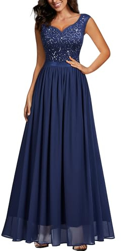 MIUSOL Women's Double V Neck Sequin Lace Chiffon Evening Prom Party Wedding Maxi Dress (XX-Large, Navy Blue)