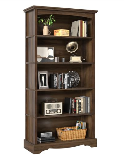 TVU 5-Tier Wooden Bookshelf, 31.5 W x 65 H ×9.9 D Bookshelf with Storage, Floor Standing Modern Style Display Bookcase for Living Room, Office, Study Room, Entryway, Brown