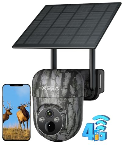 Xega 4G Camara De Caza Solar con Tarjeta SIM, 2K 3MP Exterior Fototrampeo Inalámbrica PTZ con Visión Nocturna Detección Personalizada Proyector/Sirena Alertas en App y Almacenamiento TF/Nube(Sin WiFi)