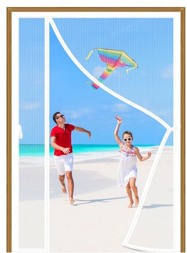 Magnetic Fly Screens for Doors 75x170cm White Magnetic Door Curtain for Double Doors with Powerful Magnets&Full Frame Magic Tape Easy to Install for Keeping Out Flies