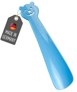 Lantelme Kinder Schuhlöffel auch für Baby | Farbe Blau | Kindgerechter kleiner Schuhanzieher aus Kunststoff 18 x 4cm | Mit fröhlicher Figur | Made in Germany (Blau)
