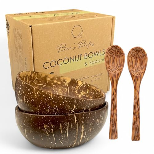 vienberg Bee´s Bites Kokosnuss Schalen Set – 2x Kokos-Bowl Schüssel + 2x Löffel – Handgefertigt, Vegan, Natürlich, Chemiefrei, Plastikfrei – Perfekt für Smoothie Bowls, Frühstück & Snacks