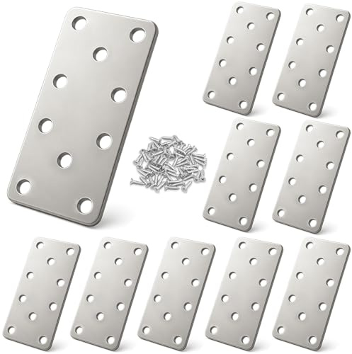 Xyxu Flat Brackets for Wood, 10 Joining Plates Sleeper Brackets 100x40x2mm | Galvanized Steel Heavy Duty Flat Metal Railway Sleeper Brackets and Fixings for Wood, Garden Fence, Timber Fixing with Screws